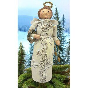 Vintage Primitive Angel Christmas Figurine Holding Wreath and Stars Rustic